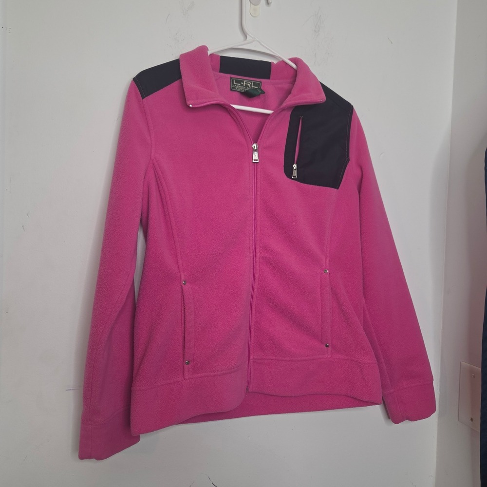 Lauren Ralph Lauren‎ Active Pink Fleece Full Zip Jacket Black Trim Womens Medium